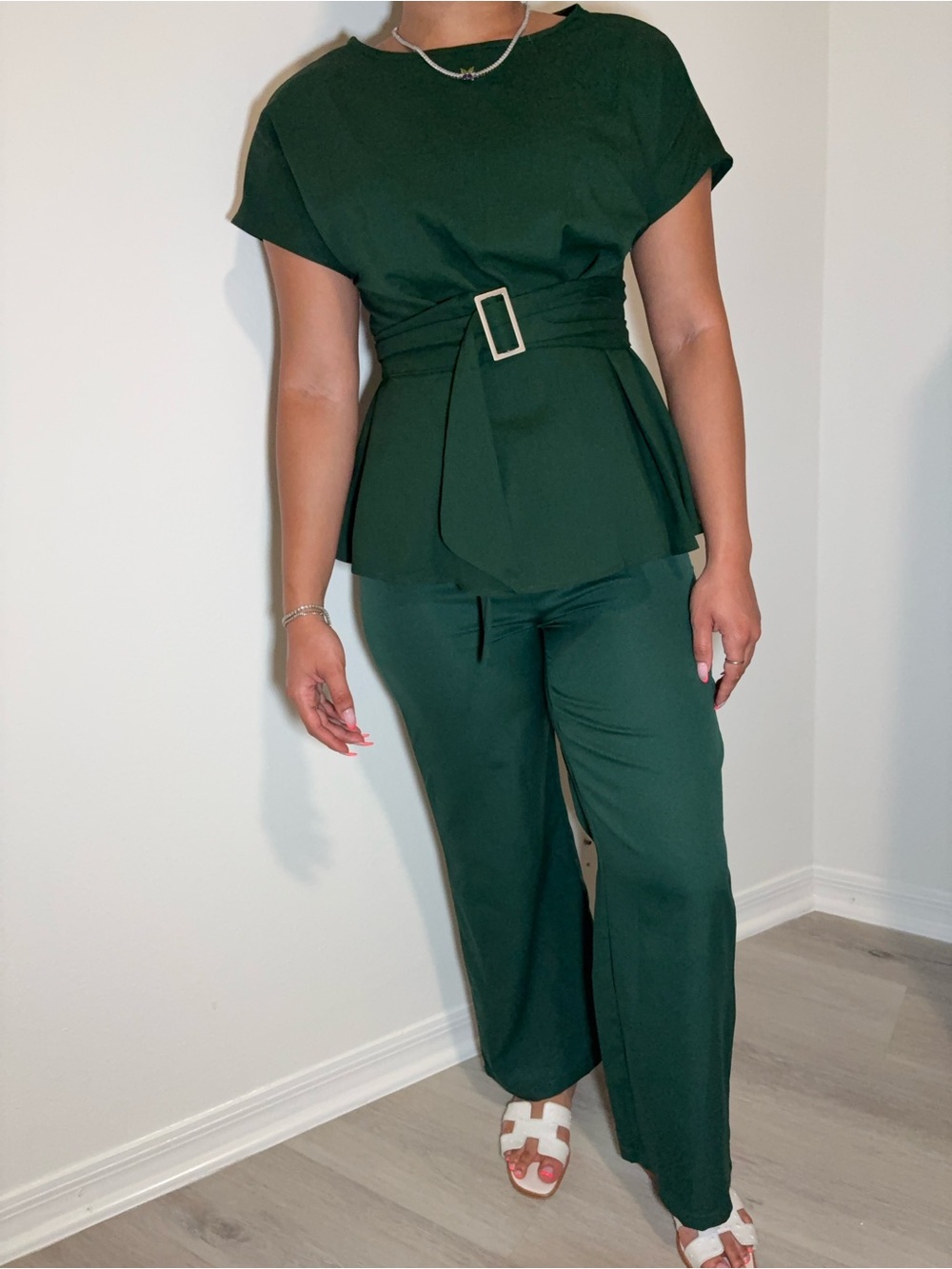 nwot Office Casual Dark Green Shein Two Piece Set XS Wide Leg Pants Belted Top